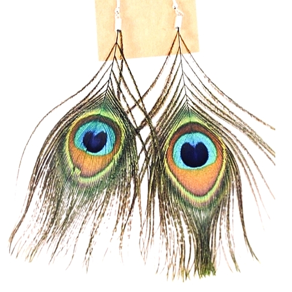 Peacock Feather Earrings on pierced hypoallergenic ss Ear wires. 1 pr Be… - Picture 2 of 10